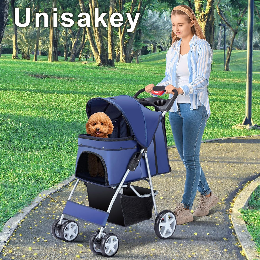 unisakey foldable 4-wheel pet stroller for dogs cats shown in use