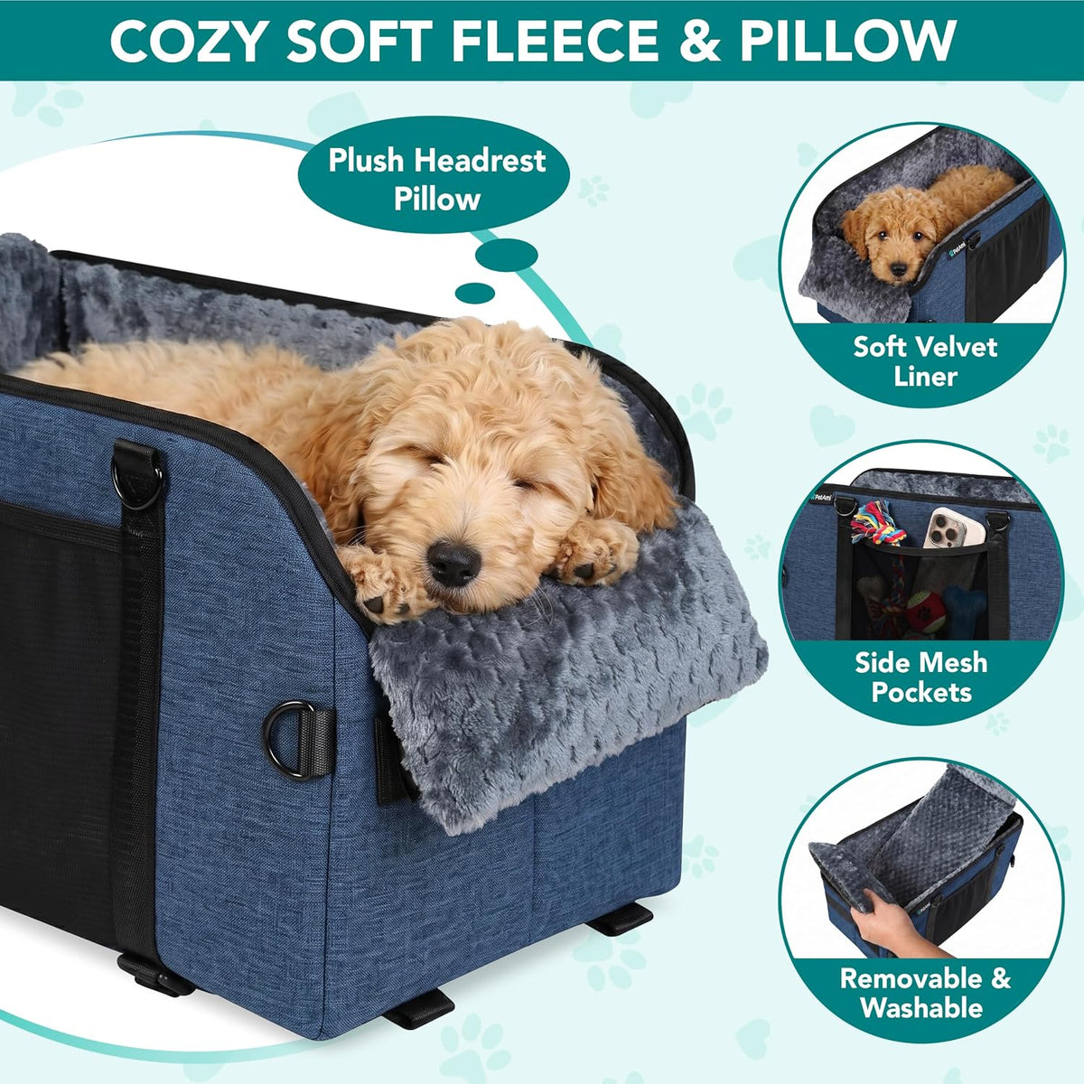 petami center console dog car seat, small dog, close-up detail