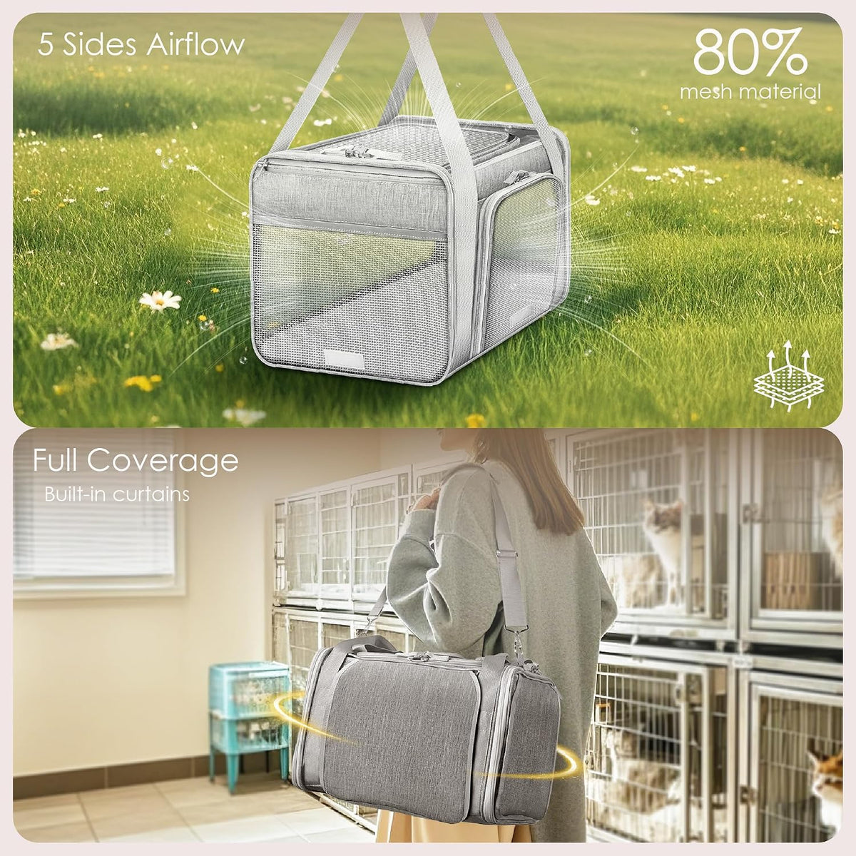 top and 2 sides expandable cat carrier 18x11x11, close-up detail