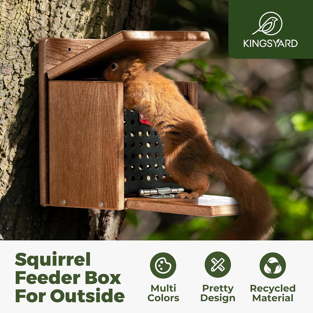 kingsyard squirrel feeder box for outside, recycled plastic shown in use