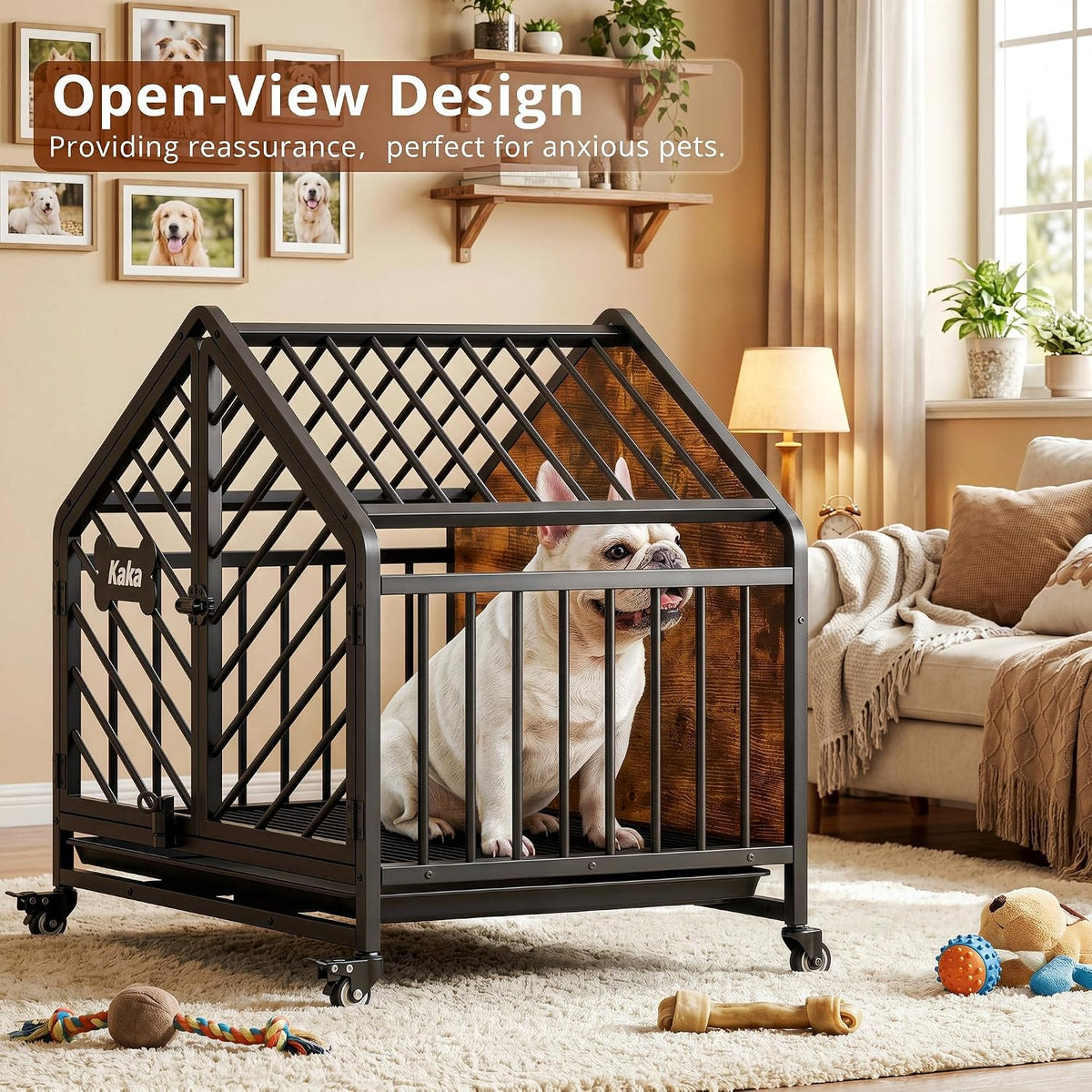 ironck 27.6" dog crate furniture with pull-out tray showing dimensions