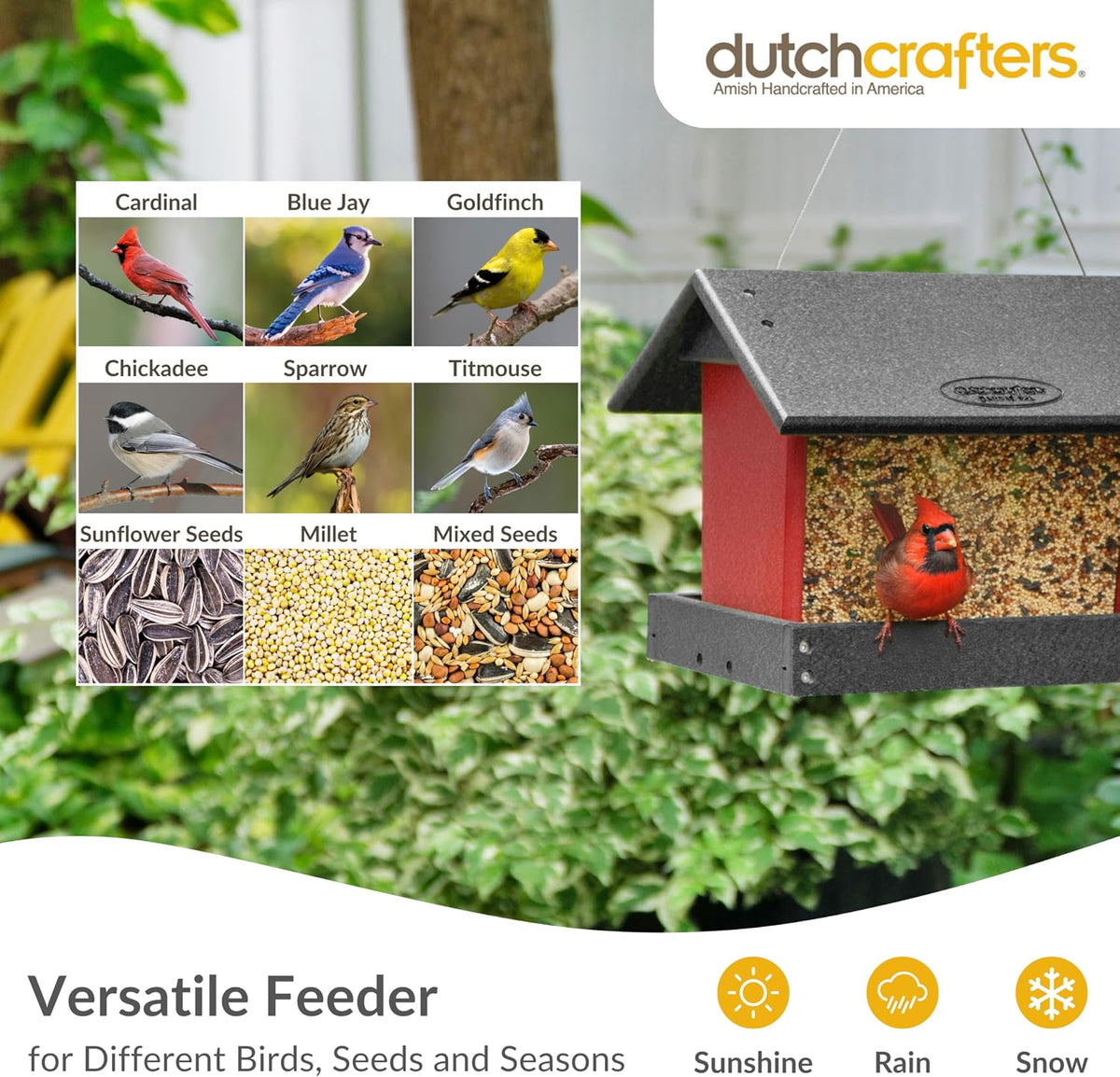 poly hanging hopper bird feeder, large bird feeder showing dimensions