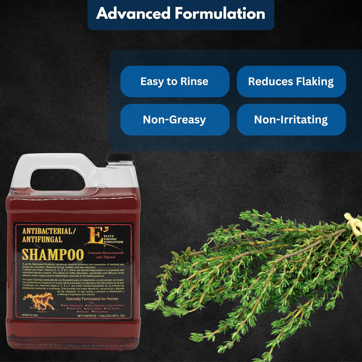 e3 antifungal ketoconazole and thymol skincare shampoo for, close-up detail