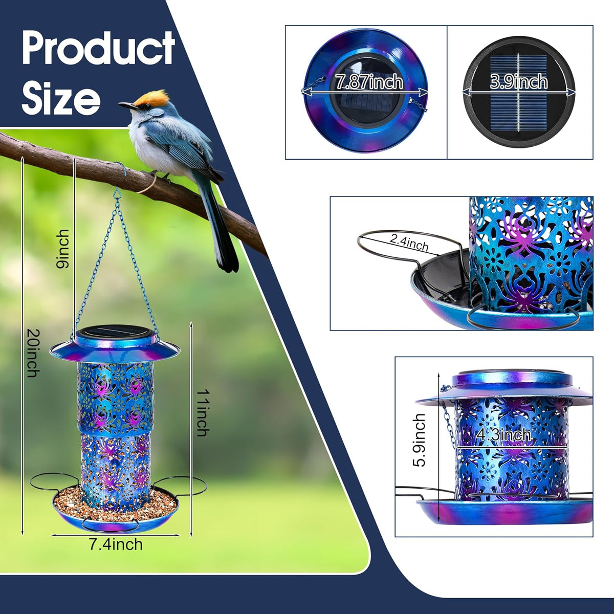 ottsuls solar bird feeder for outdoors hanging, metal shown in use