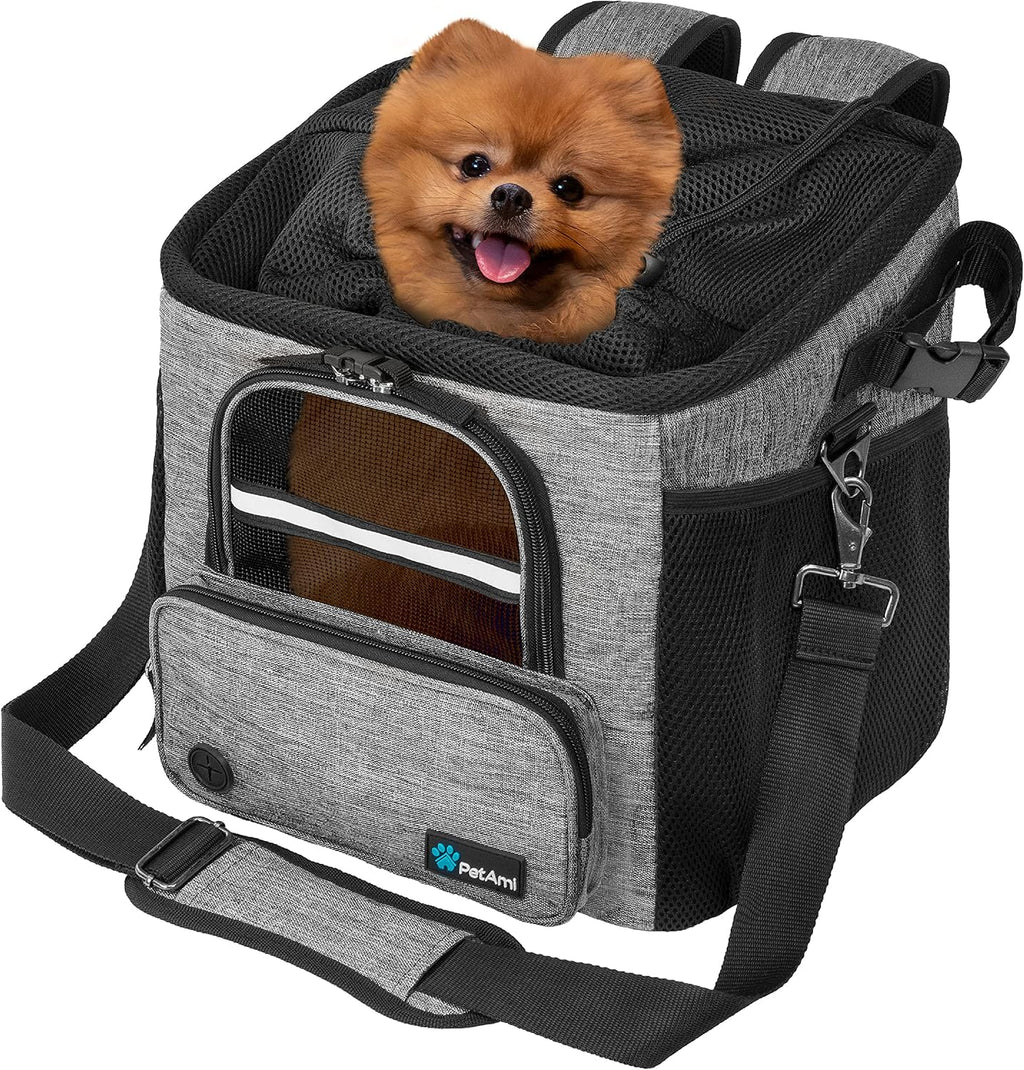 petami dog bike basket, soft-sided ventilated pet carrier on a desk or shelf