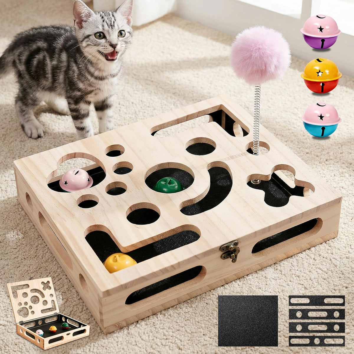 cat nail file enrichment box, wood puzzle scratcher, main product view