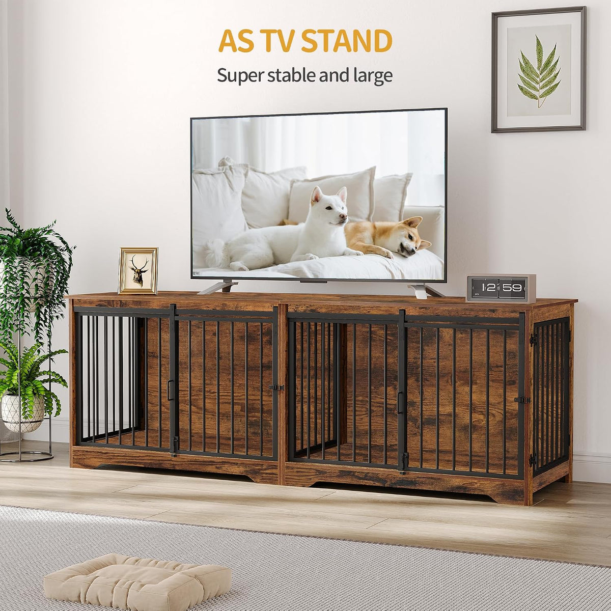 hzuaneri 77.6 in double dog crate furniture, dog on a desk or shelf