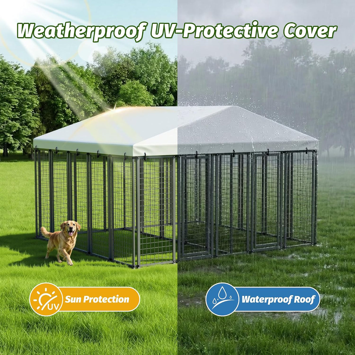 10x10 ft outdoor dog kennel for 2 areas showing dimensions