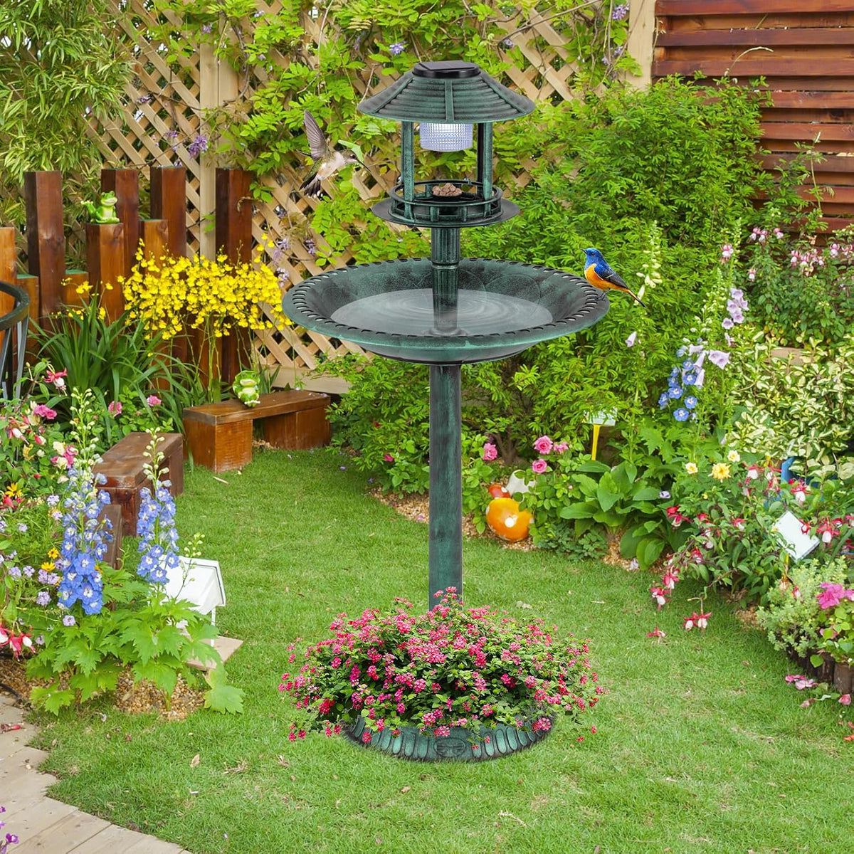 giantex 42 inch bird bath solar lighted, pedestal shown in use
