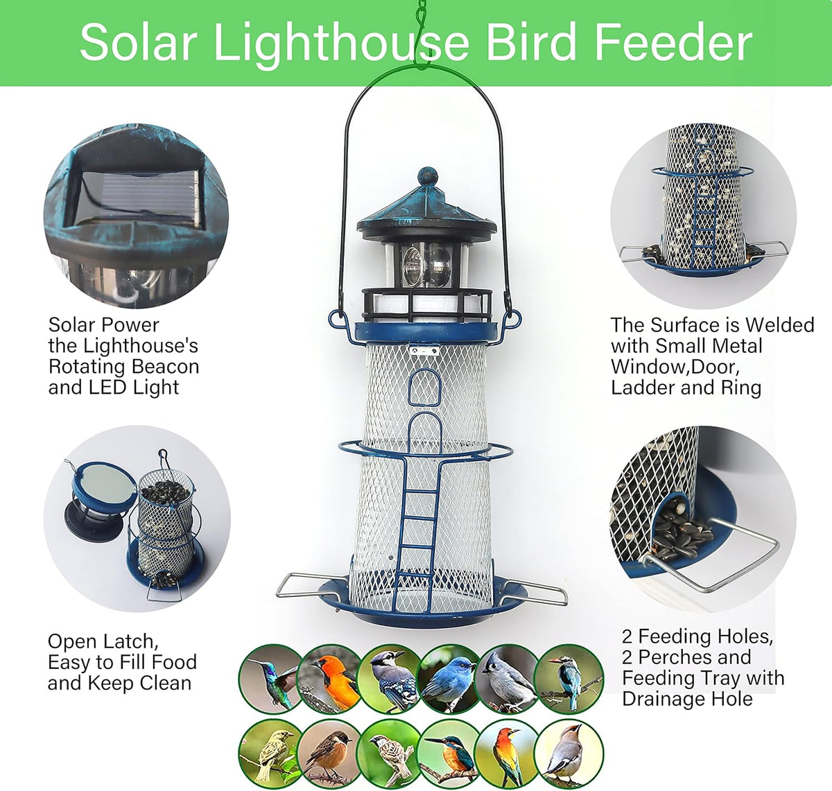 14" solar bird feeder lighthouse with rotating beacon shown in use