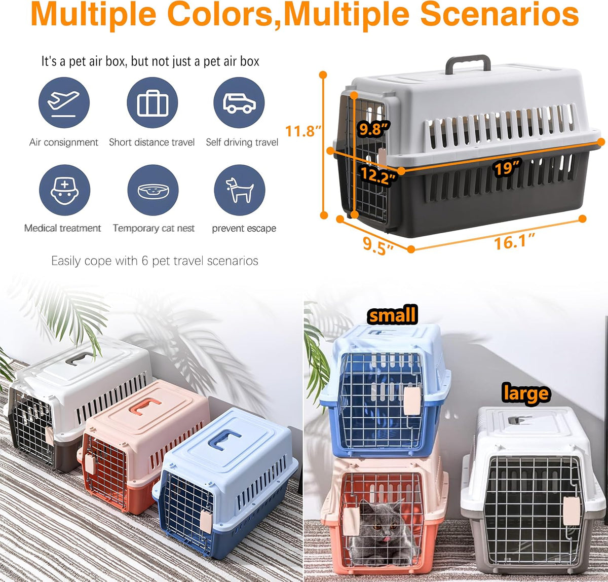 pets carrier,kennel,19in,long,hard-sided,for cat up to 14lb,suit for airline/road showing dimensions