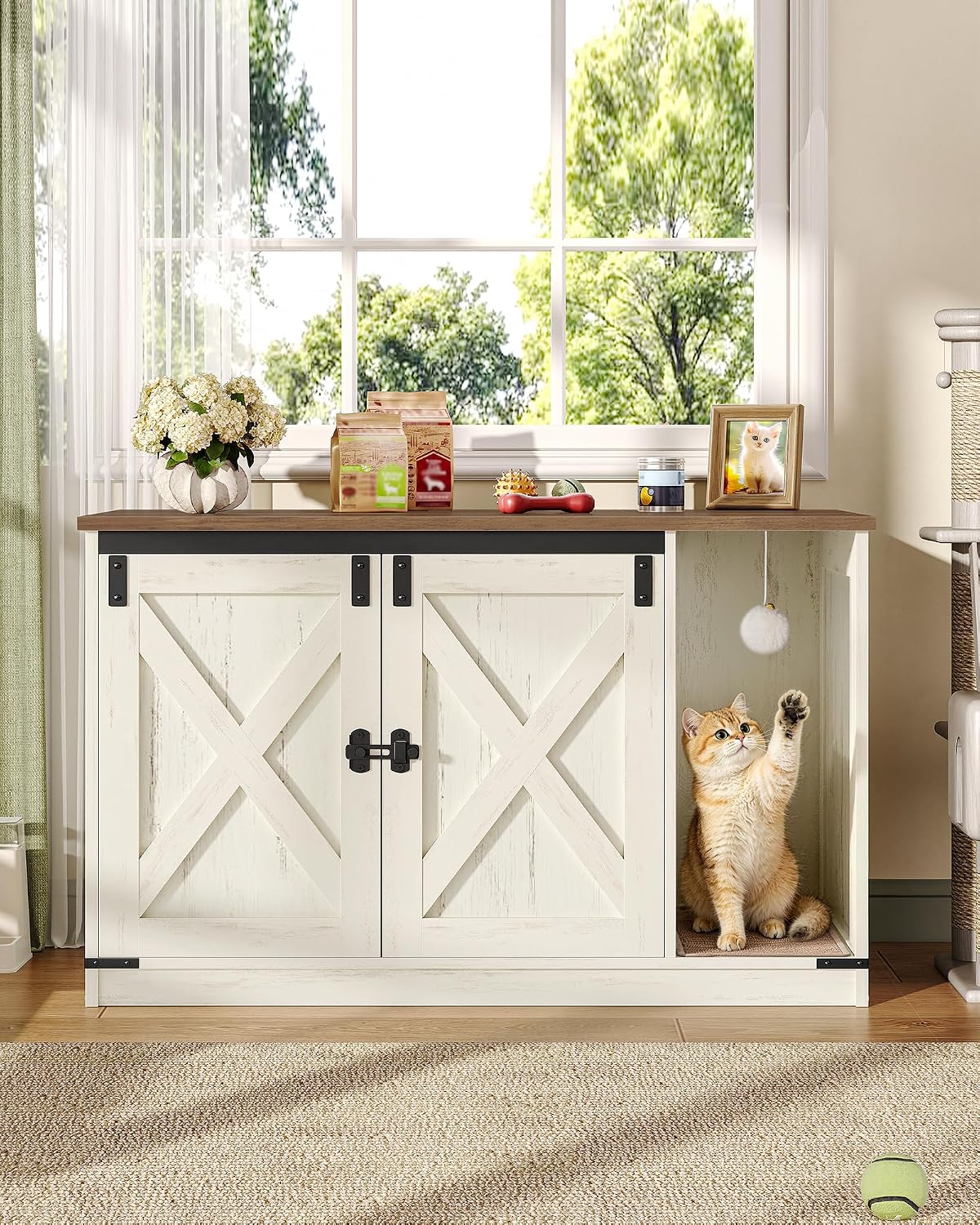 hzuaneri cat litter box enclosure, hidden litter box shown in use