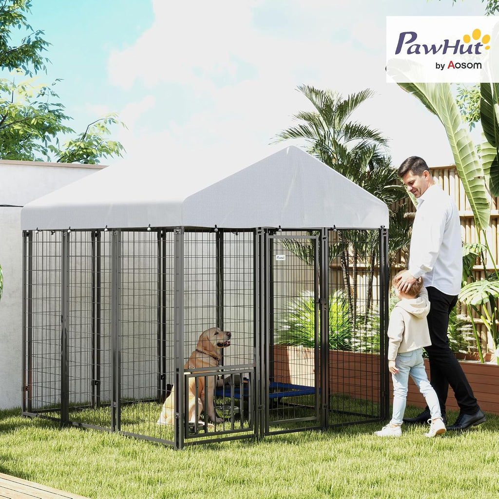 pawhut outdoor dog kennel with roof for s&m&l shown in use