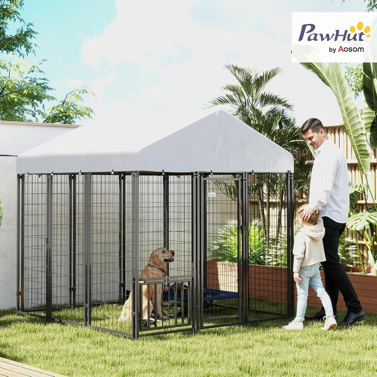 pawhut outdoor dog kennel with roof for s&m&l shown in use