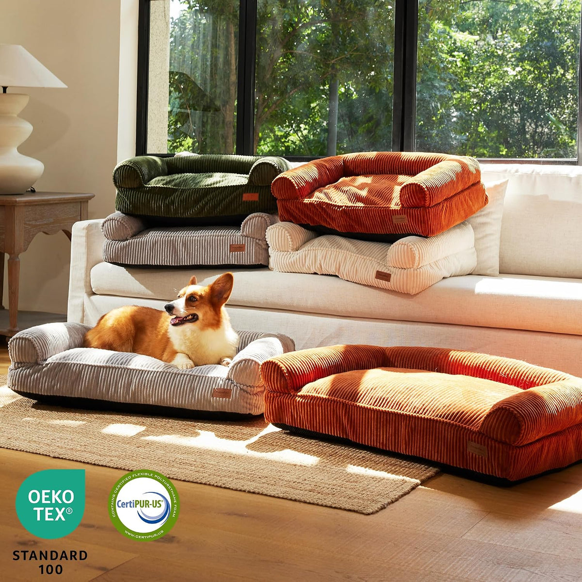 fukumaru dog couch bed, corduroy cozy cat bed on a desk or shelf