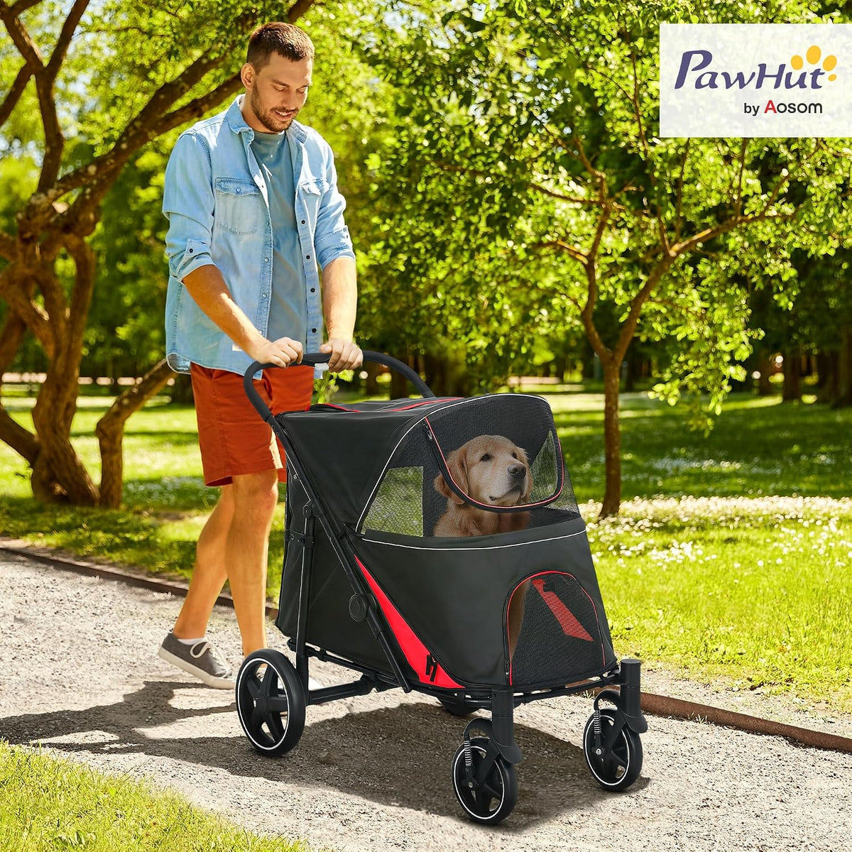 pawhut dog stroller one-click foldable pet cat stroller shown in use