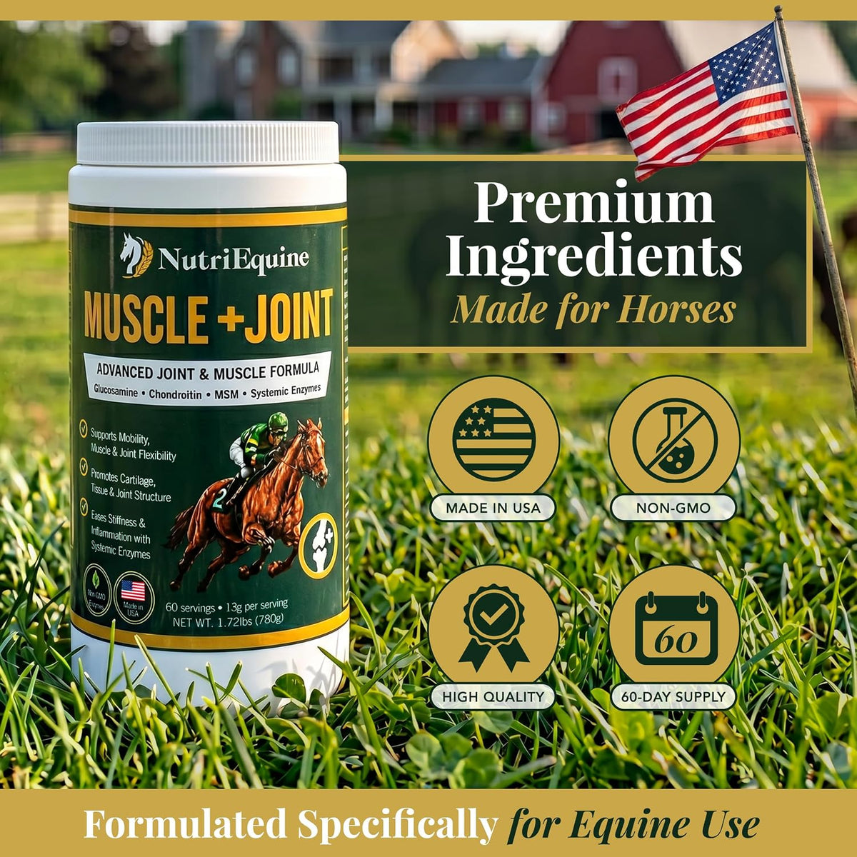 horse joint supplement powder, glucosamine, chondroitin & msm, side view