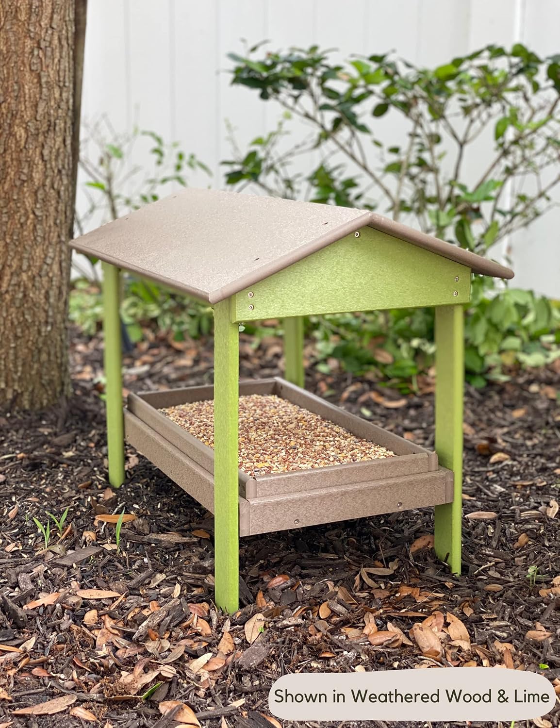 dutchcrafters plastic poly covered platform ground bird feeder, side view