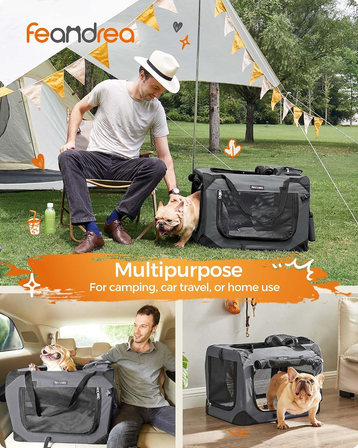 feandrea collapsible soft dog crate, portable travel carrier shown in use