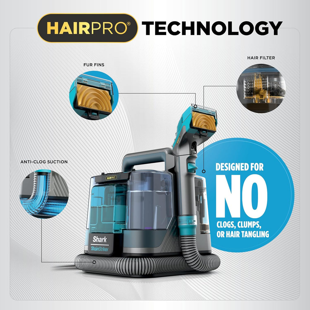 shark stainstriker hairpro portable stain cleaner, 3 tools showing dimensions