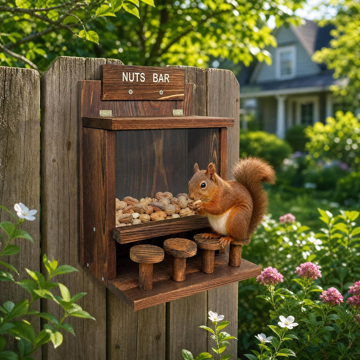 wooden squirrel feeder, squirrel bar feeder with 4, close-up detail