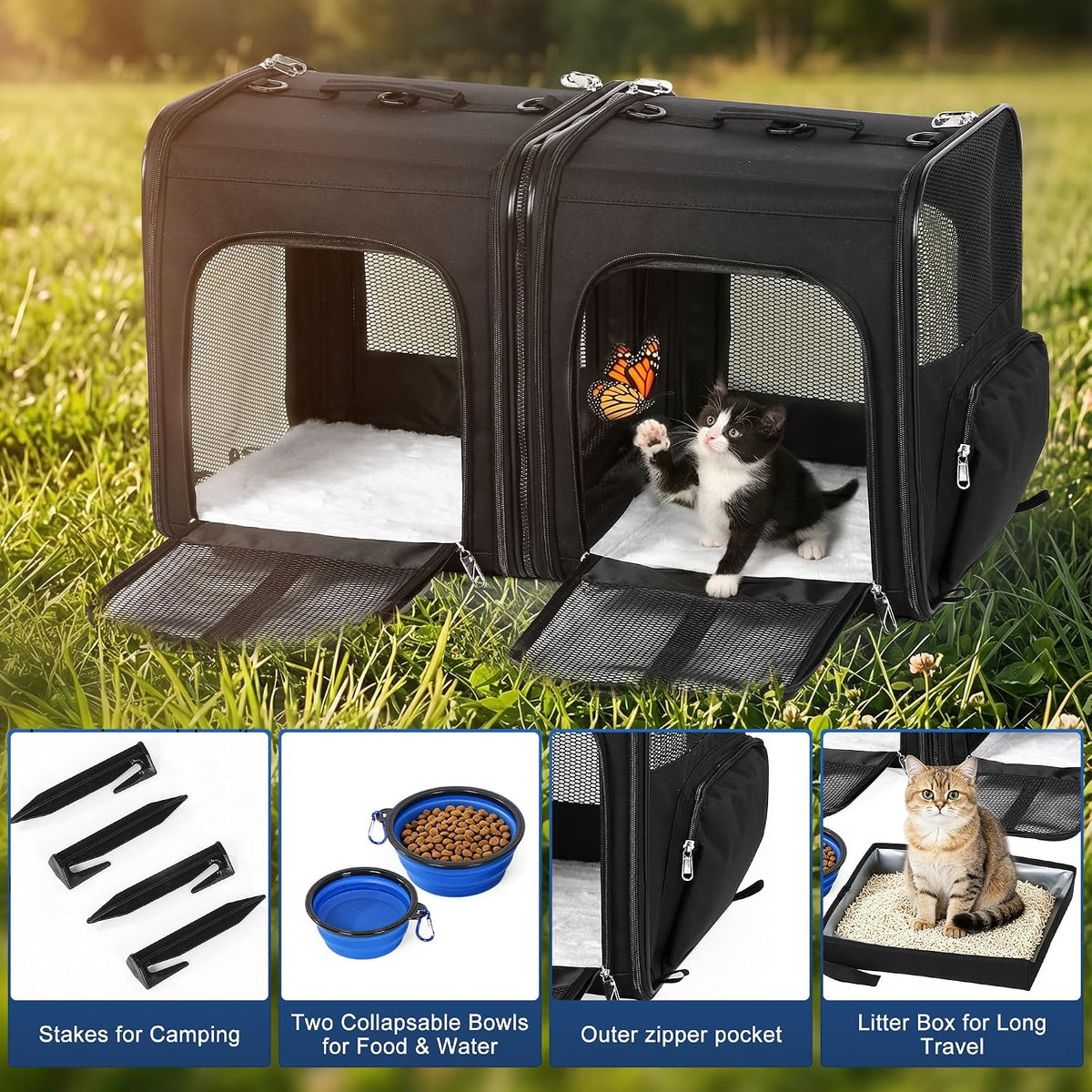 large cat carrier for 2 cats with travel showing dimensions
