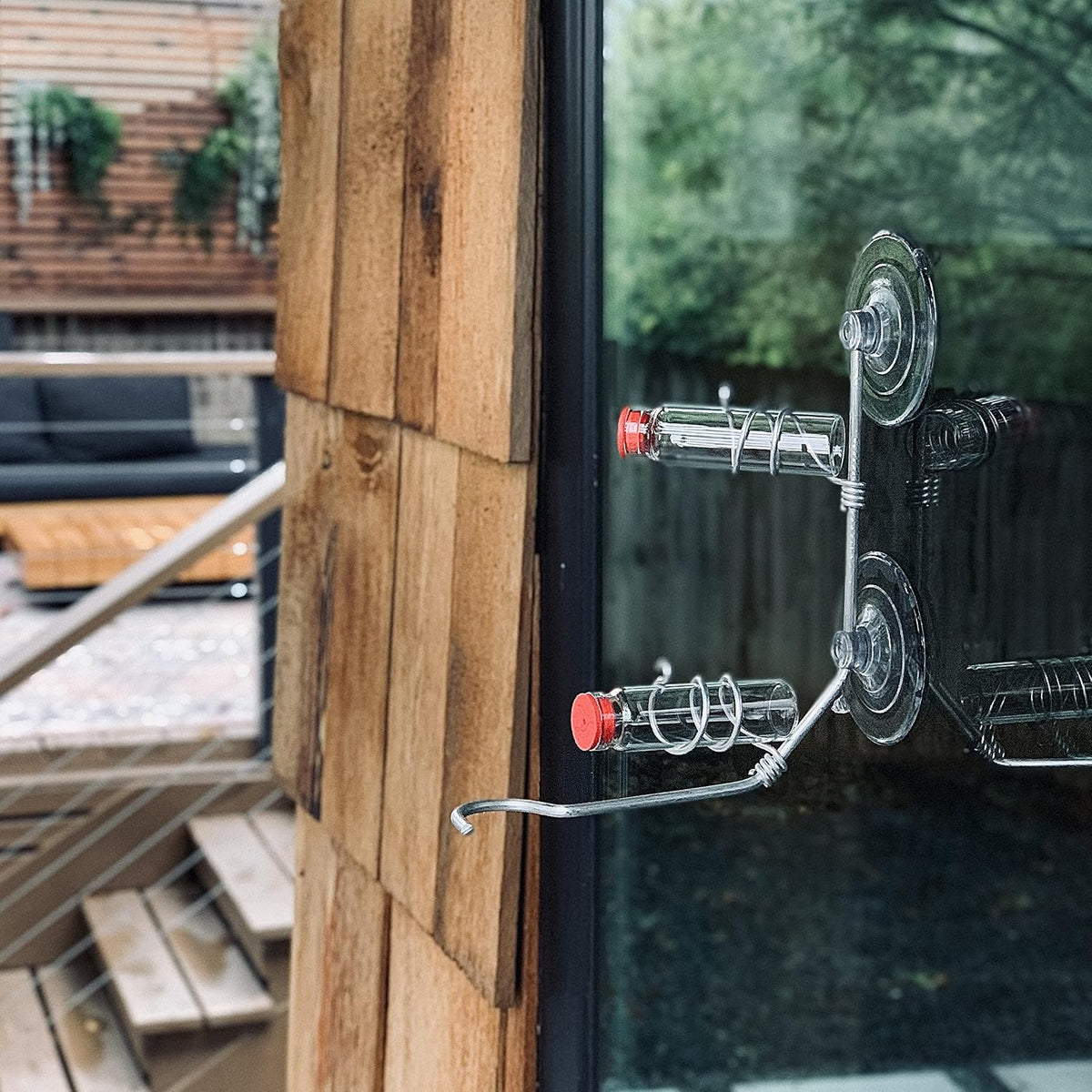 window hummingbird feeder | handcrafted copper and aluminum showing dimensions