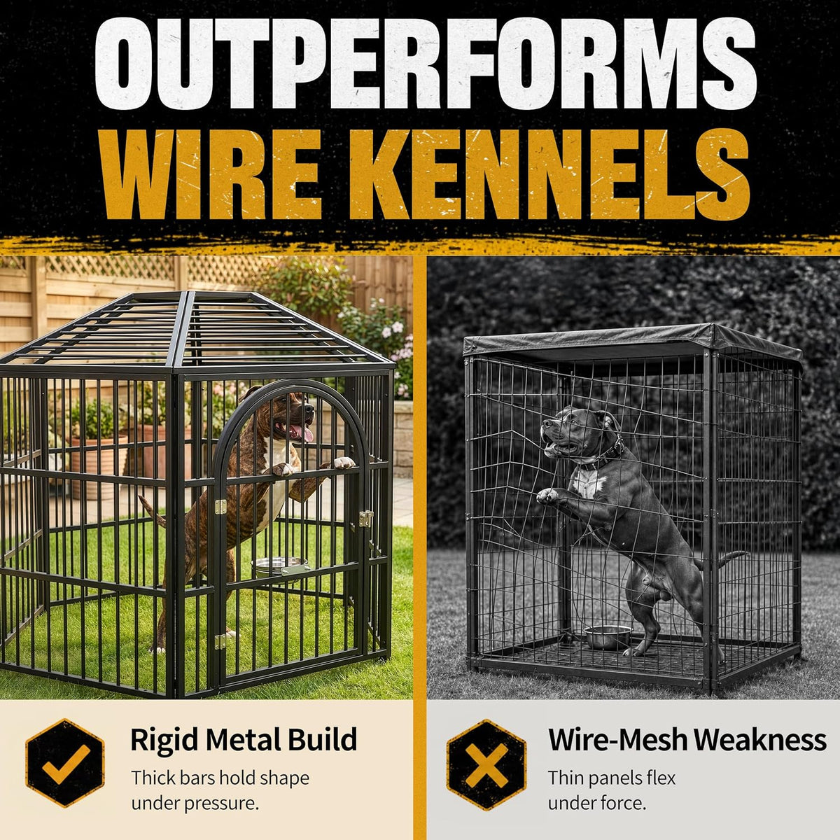 heavy duty outdoor dog crate with waterproof roof, close-up detail