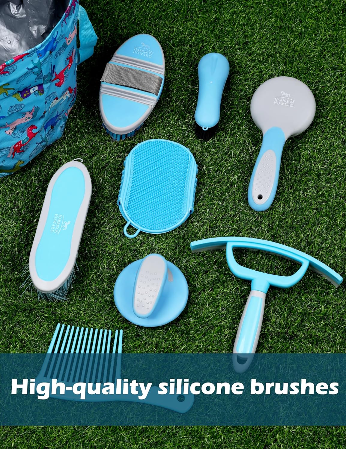 harrison howard horse grooming kit, 11-piece horse brush, close-up detail