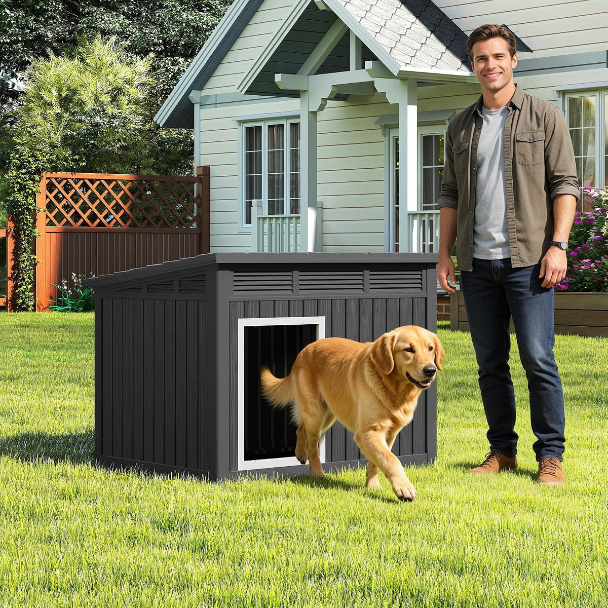 bifanuo dog house outdoor indoor for large dog, front angle view