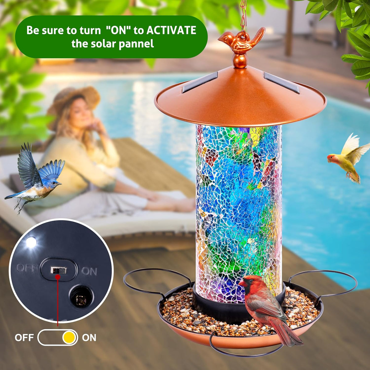 xdw-gifts mosaic solar bird feeder, waterproof lantern shape showing dimensions