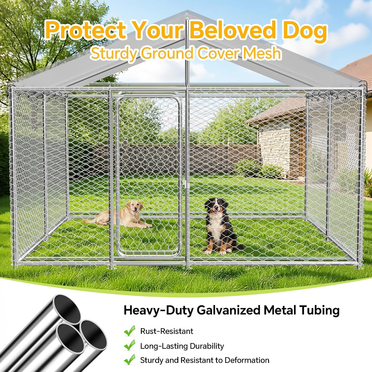 10x10ft large outdoor dog kennel outside, heavy duty, close-up detail
