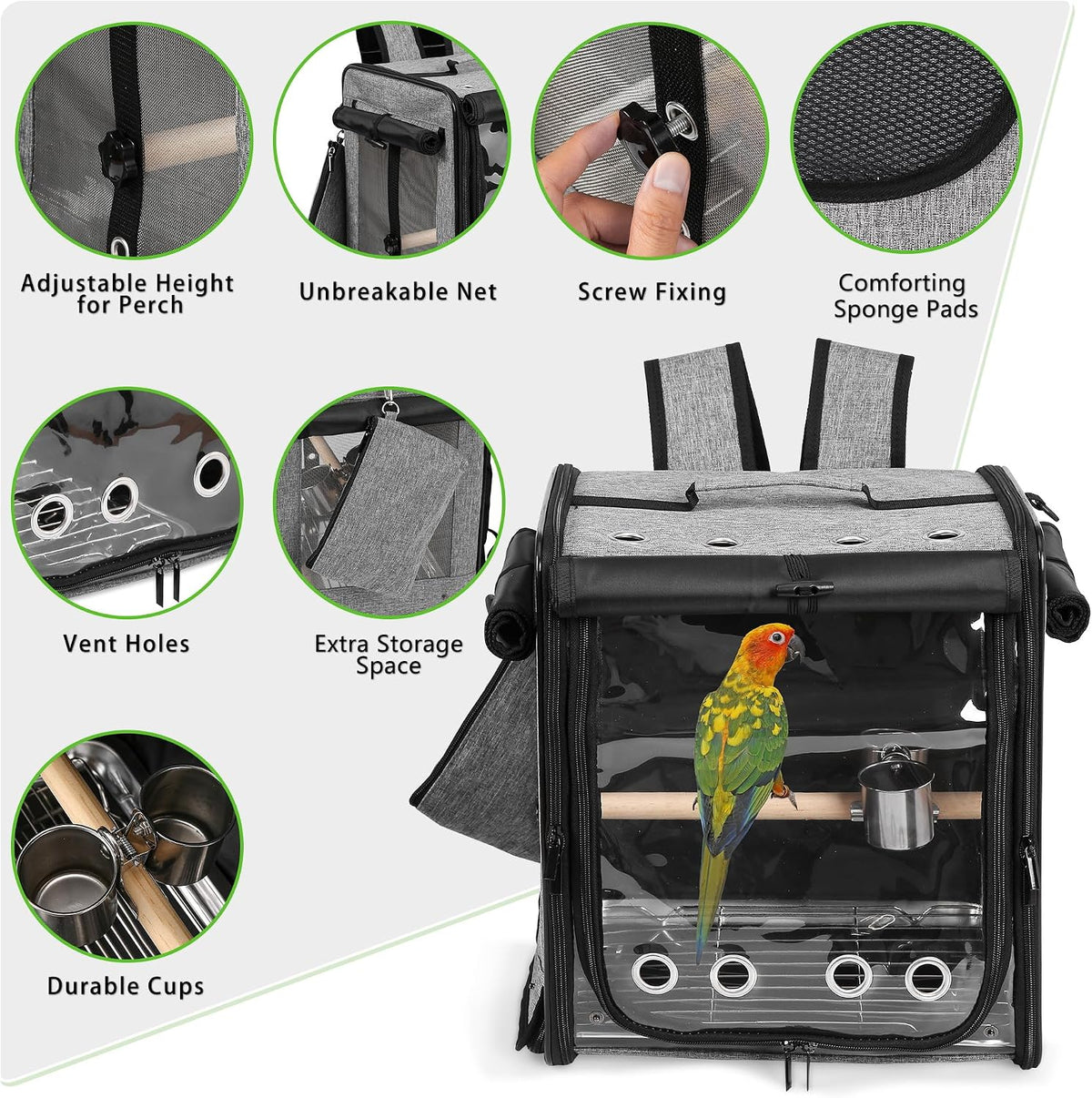 sanmoncare bird carrier for car travel with seat showing dimensions