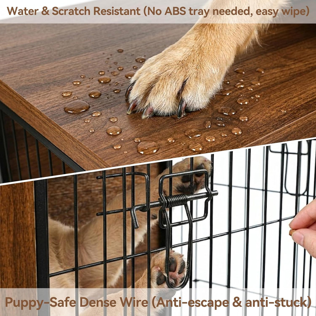 walnut dog crate furniture with reversible side door showing dimensions