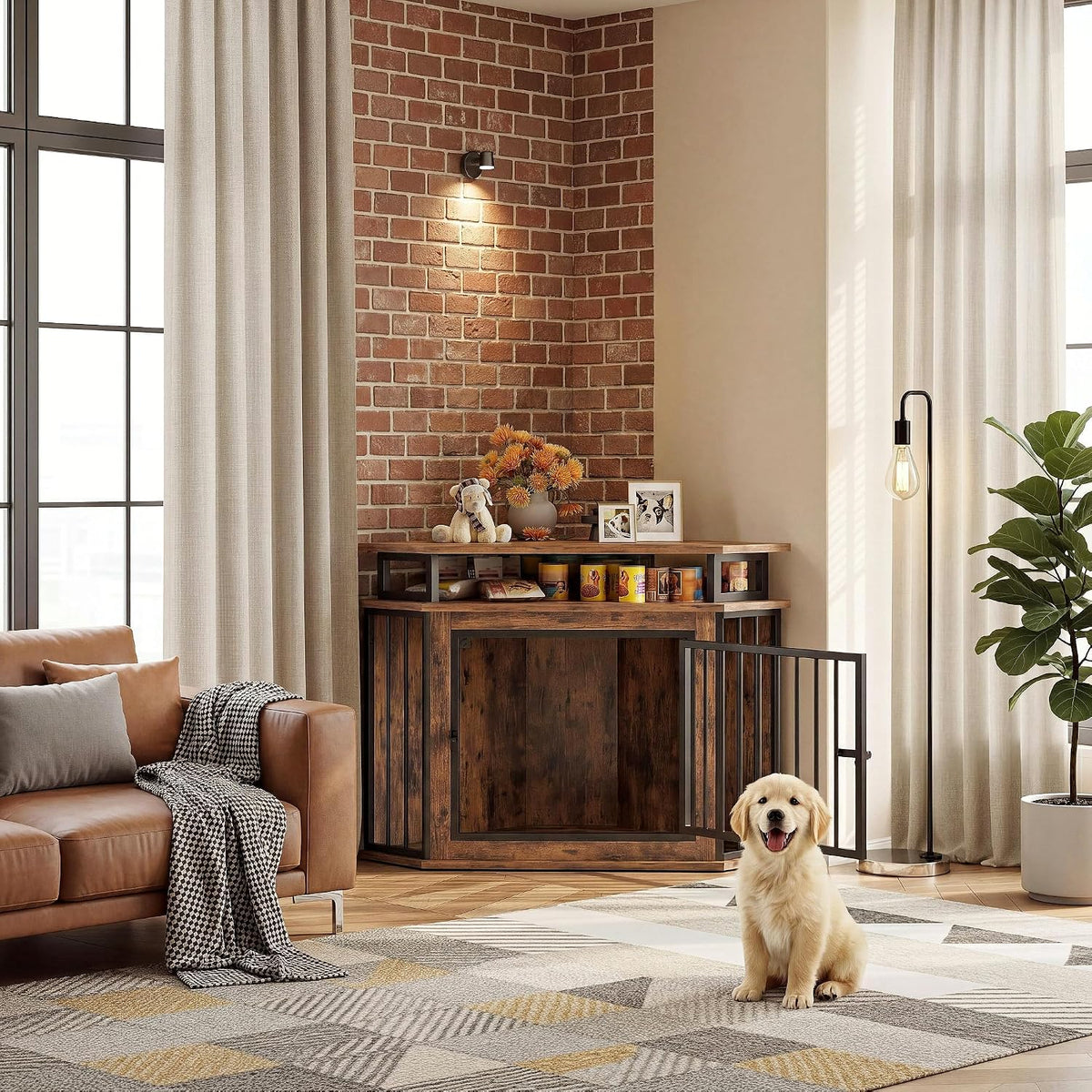ironck 43.3" corner dog crate furniture with 2-tier, view 9