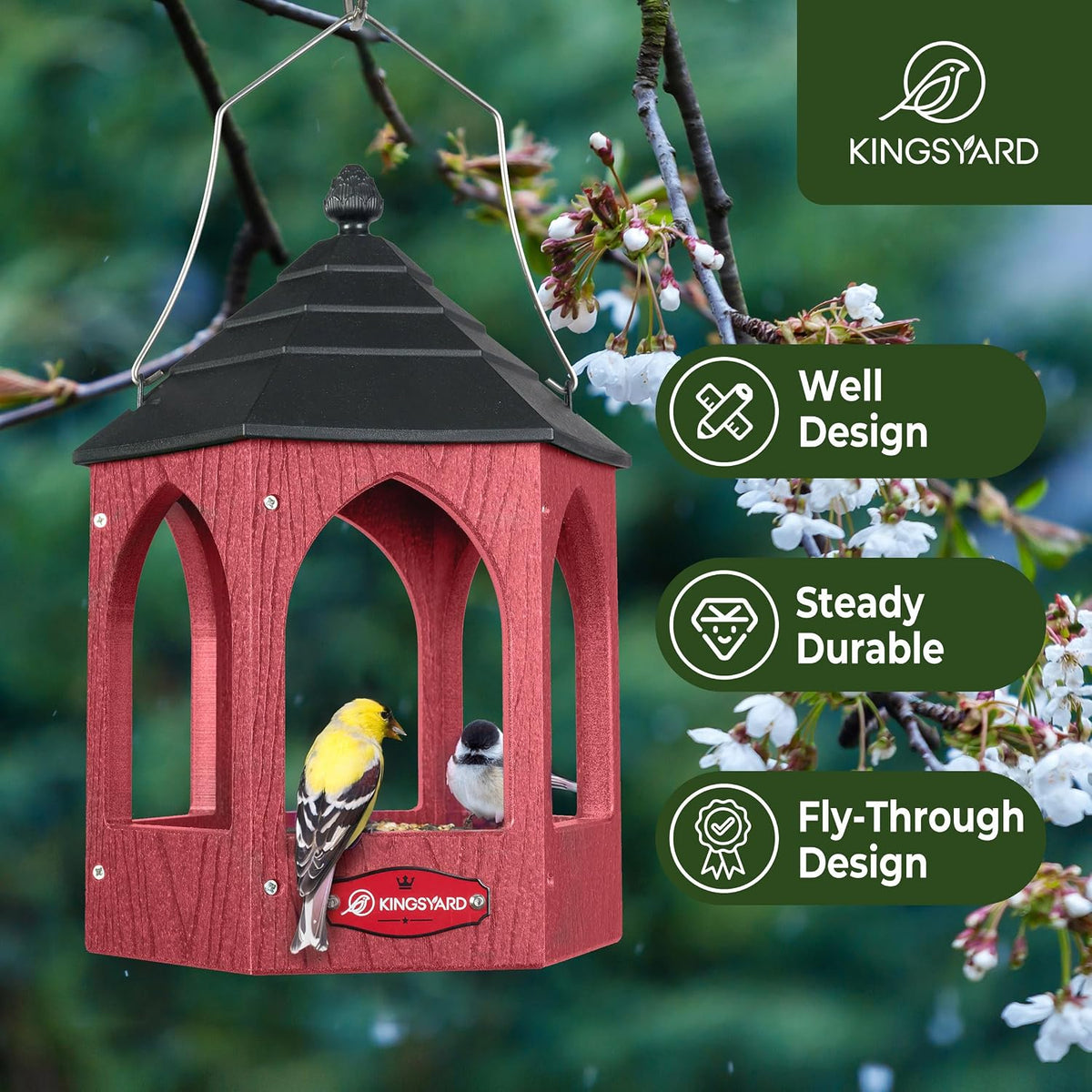 kingsyard platform bird feeder for outdoor hanging shown in use