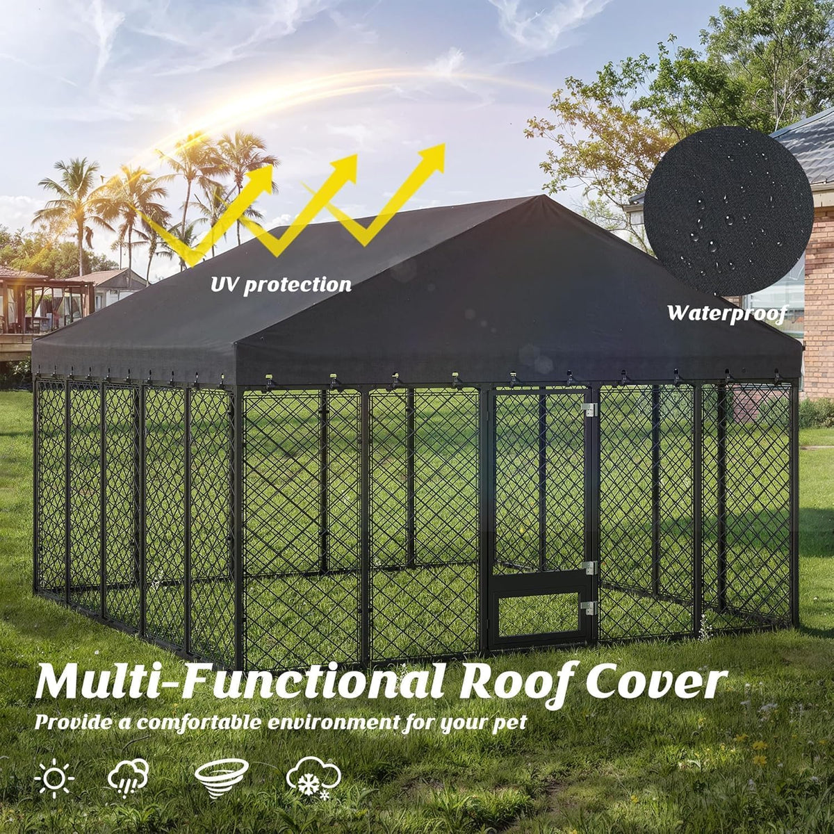 10x10ft outdoor dog kennel with roof and feeding, close-up detail
