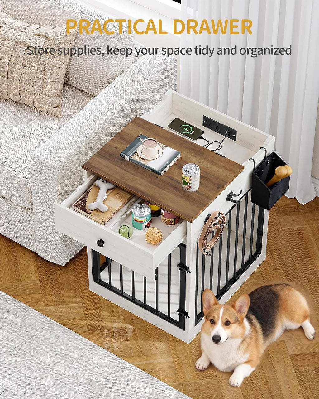 hzuaneri 24.6 in dog crate furniture with storage, side view