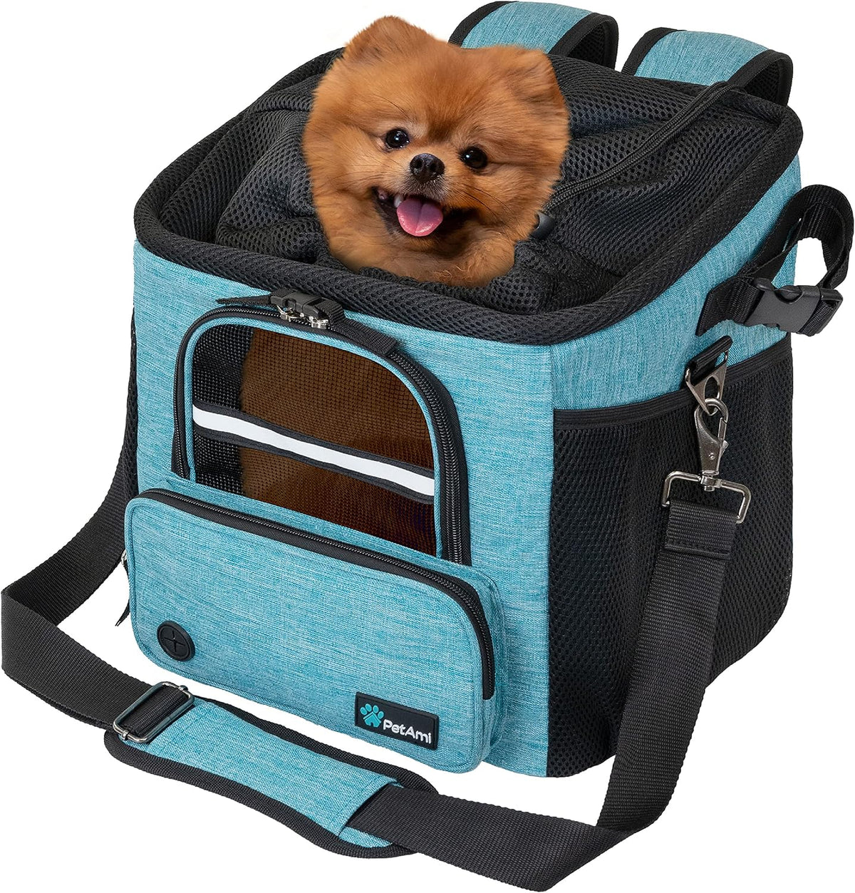 petami dog bike basket, soft-sided ventilated pet carrier on a desk or shelf