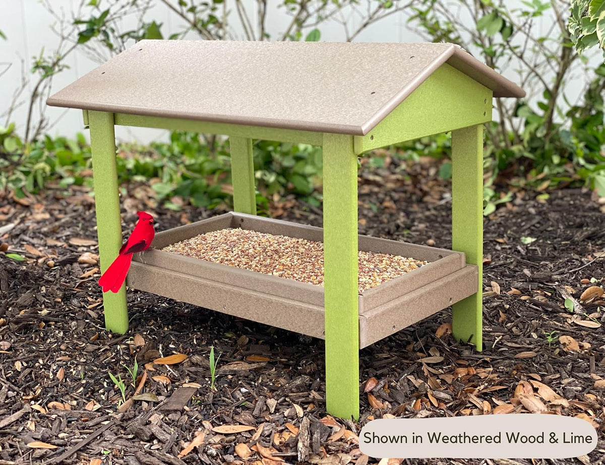 dutchcrafters plastic poly covered platform ground bird feeder showing dimensions