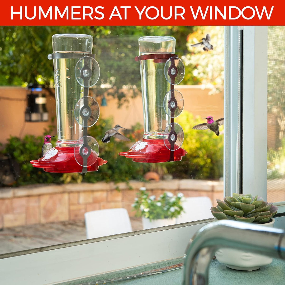window hummingbird feeders for outdoors including 3 colors shown in use