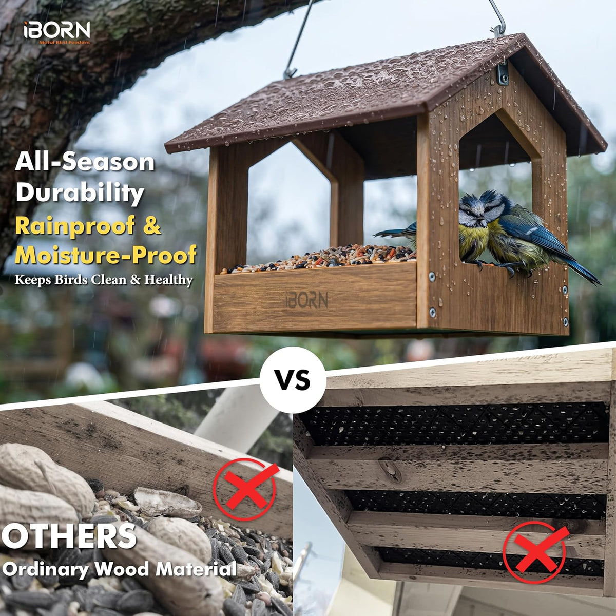 iborn pavilion bird feeder, covered platform bird feeder showing dimensions