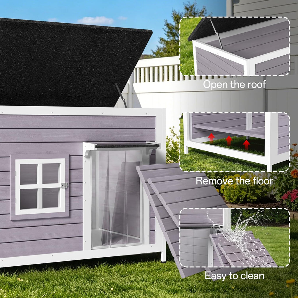 43" insulated large outdoor dog house, grey, side view