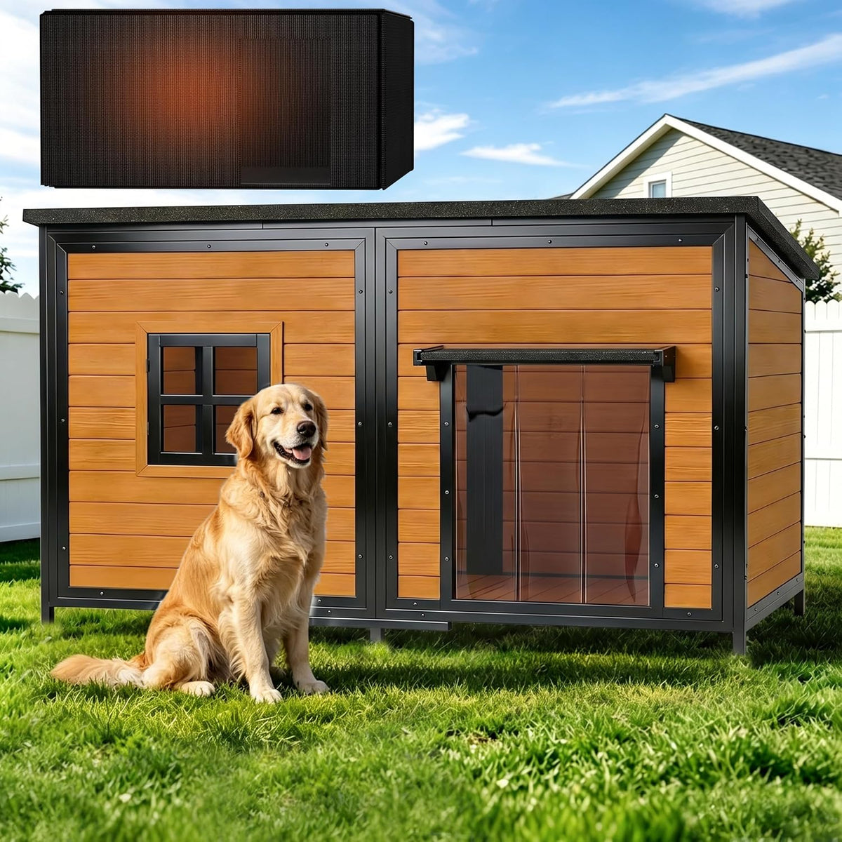 59" insulated extra large dog house, brown on a desk or shelf