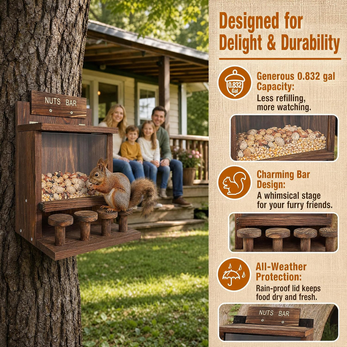 wooden squirrel feeder, squirrel bar feeder with 4 shown in use