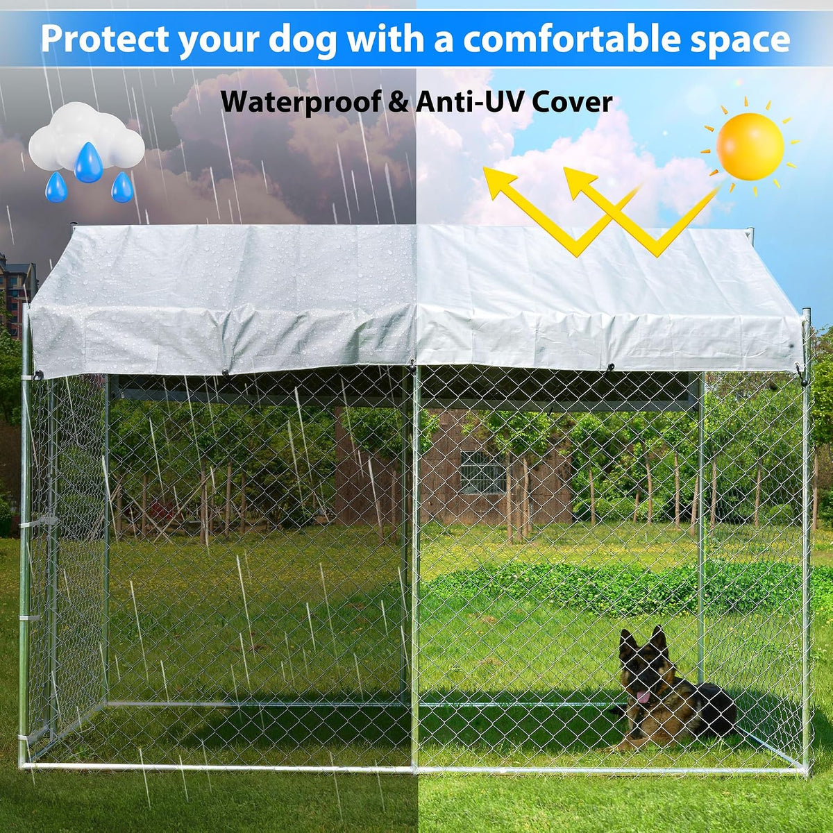 10x6x7.7ft large dog kennel outdoor, heavy-duty outside dog, close-up detail
