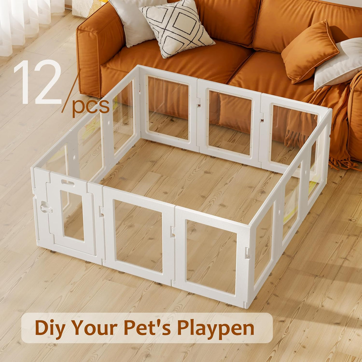 clear acrylic dog playpen indoor, white, 24" h showing dimensions