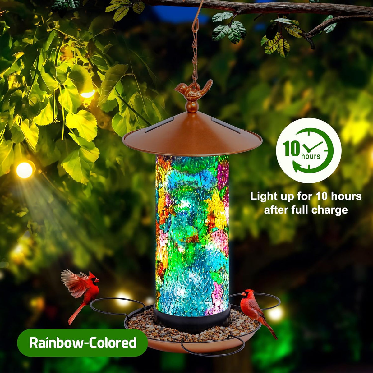 xdw-gifts mosaic solar bird feeder, waterproof lantern shape, side view