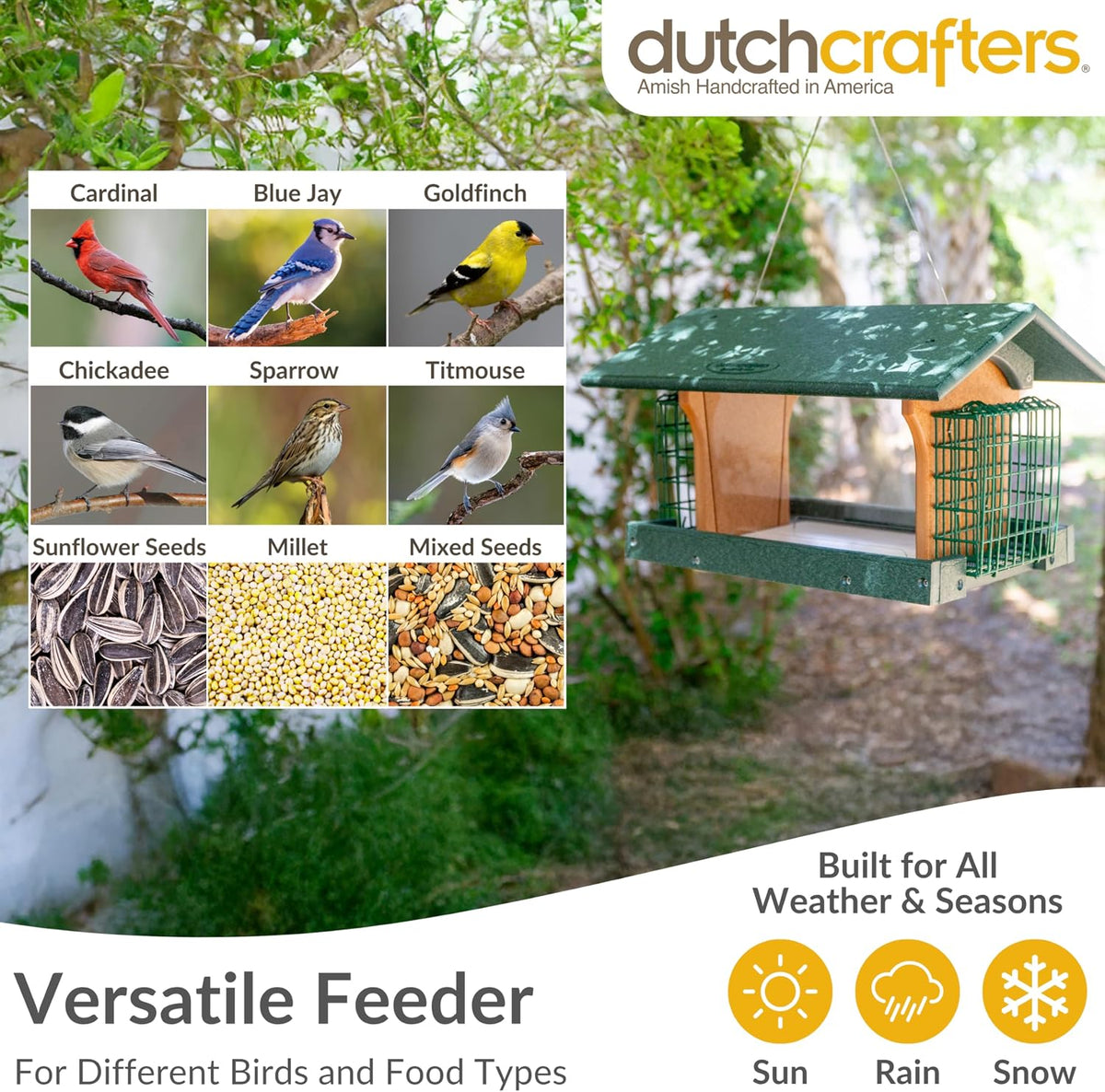 dutchcrafters poly hanging large hopper bird feeder with showing dimensions