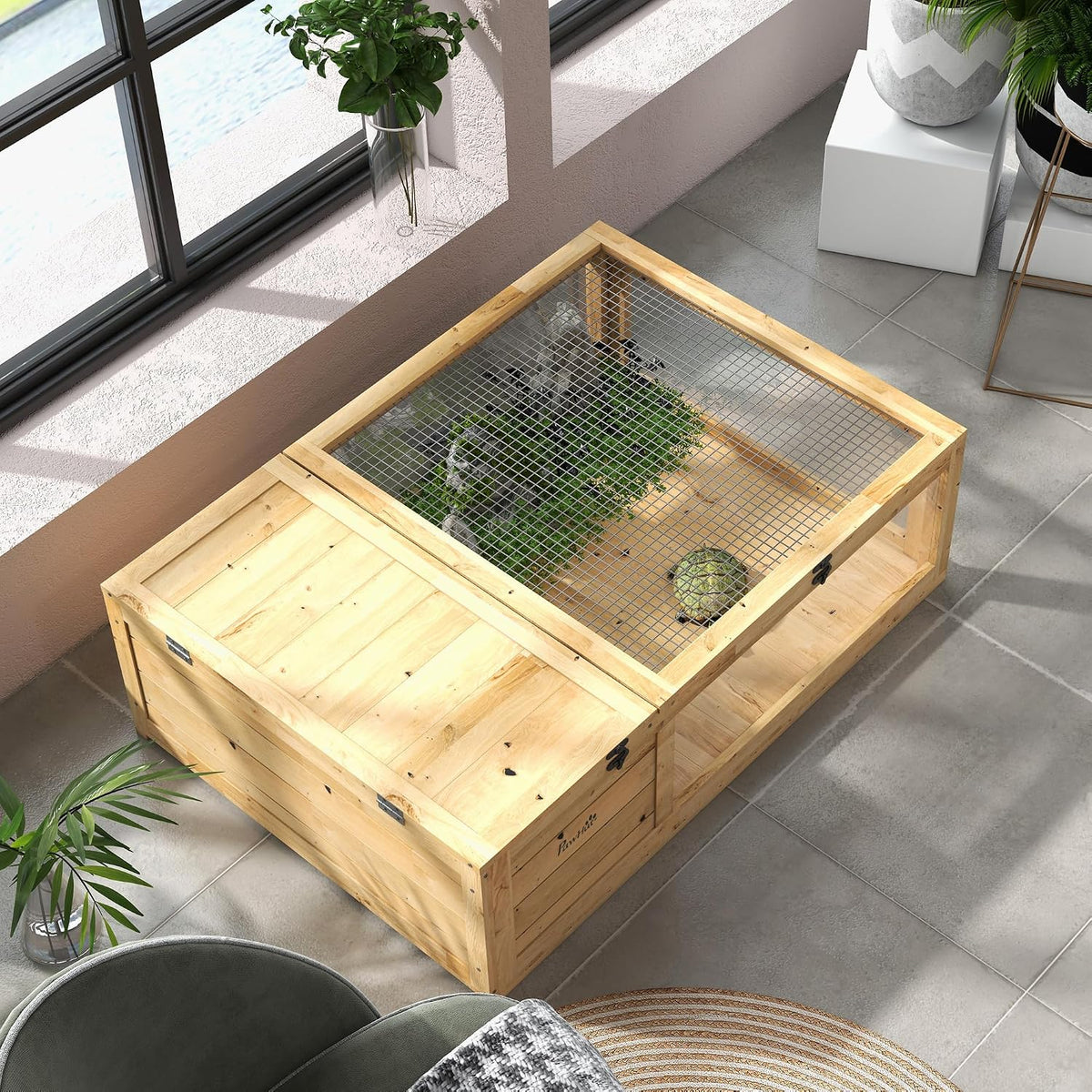 pawhut wooden tortoise house indoor turtle habitat enclosure, view 9